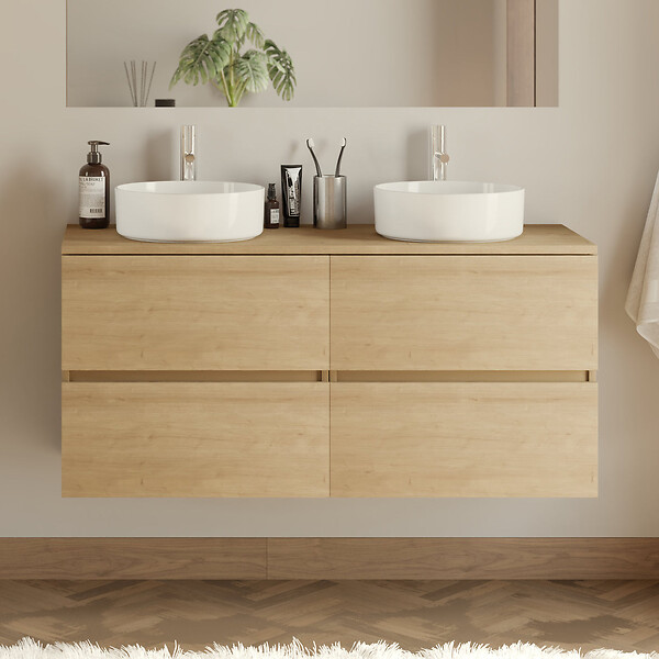 COSYNEO - Meuble de salle de bain 140cm avec plateau et 2 vasques à poser rondes - 4 tiroirs - nebraska (chêne clair) - IDA - large