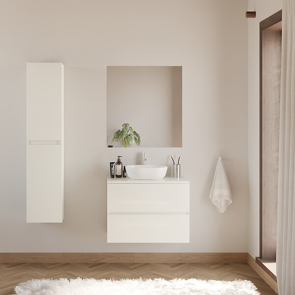 COSYNEO - Meuble de salle de bain 60cm avec plateau et vasque à poser arrondie - 2 tiroirs - sans miroir - blanc brillant - IDA - large