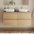 COSYNEO - Meuble de salle de bain 140cm avec plateau et 2 vasques à poser arrondies - 4 tiroirs - sans miroir - nebraska (chêne clair) - IDA - vignette