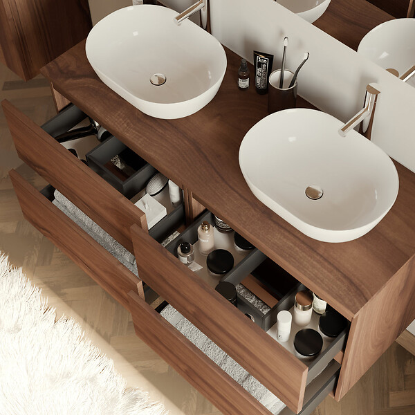 COSYNEO - Meuble de salle de bain 120cm avec plateau et 2 vasques à poser arrondies - 4 tiroirs - sans miroir - noyer (bois foncé) - IDA - large