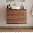 COSYNEO - Meuble de salle de bain 80cm avec plateau et vasque à poser ronde - 2 tiroirs - sans miroir - noyer (bois foncé) - IDA - vignette