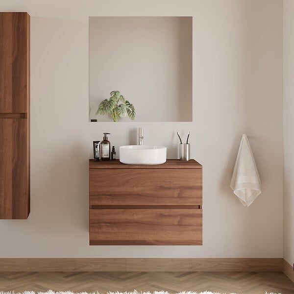 COSYNEO - Meuble de salle de bain 80cm avec plateau et vasque à poser ronde - 2 tiroirs - sans miroir - noyer (bois foncé) - IDA - large