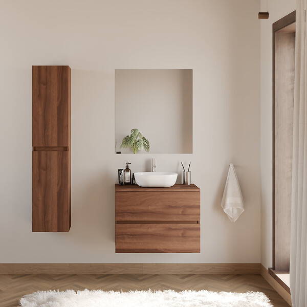 COSYNEO - Meuble de salle de bain 60cm avec plateau et vasque à poser arrondie - 2 tiroirs - noyer (bois foncé) - IDA - large