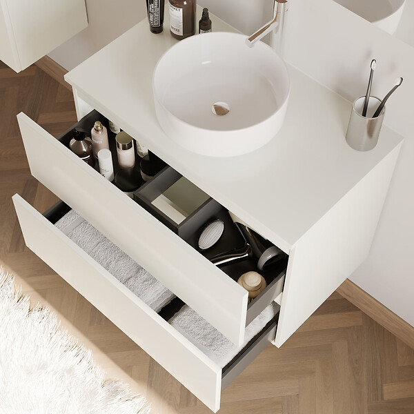 COSYNEO - Meuble de salle de bain 70cm avec plateau et vasque à poser ronde - 2 tiroirs - sans miroir - blanc brillant - IDA - large