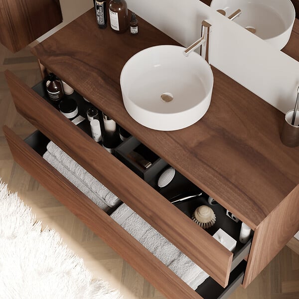 COSYNEO - Meuble de salle de bain 120cm avec plateau et vasque à poser ronde - 2 tiroirs - noyer (bois foncé) - IDA - large