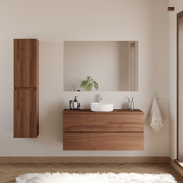 COSYNEO - Meuble de salle de bain 120cm avec plateau et vasque à poser ronde - 2 tiroirs - noyer (bois foncé) - IDA - large