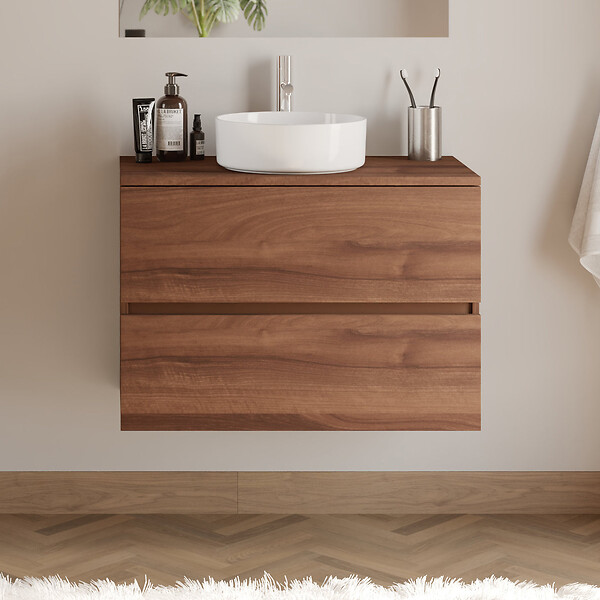 COSYNEO - Meuble de salle de bain 70cm avec plateau et vasque à poser ronde - 2 tiroirs - noyer (bois foncé) - IDA - large
