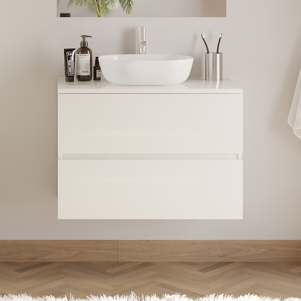COSYNEO - Meuble de salle de bain 80cm avec plateau et vasque à poser arrondie - 2 tiroirs - blanc brillant - IDA - large