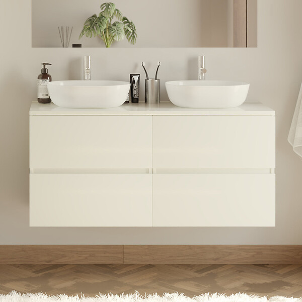 COSYNEO - Meuble de salle de bain 120cm avec plateau et 2 vasques à poser arrondies - 4 tiroirs - blanc brillant - IDA - large