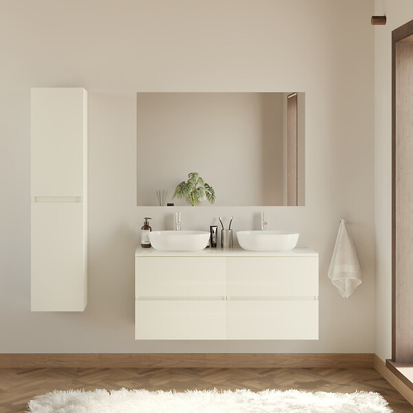 COSYNEO - Meuble de salle de bain 120cm avec plateau et 2 vasques à poser arrondies - 4 tiroirs - blanc brillant - IDA - large
