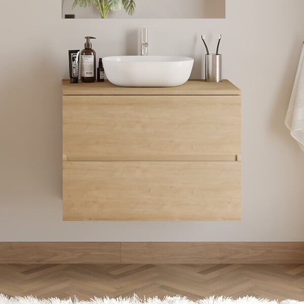 COSYNEO - Meuble de salle de bain 60cm avec plateau et vasque à poser arrondie - 2 tiroirs - nebraska (chêne clair) - IDA - large