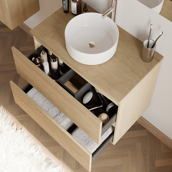 COSYNEO - Meuble de salle de bain 60cm avec plateau et vasque à poser ronde - 2 tiroirs - sans miroir - nebraska (chêne clair) - IDA - large