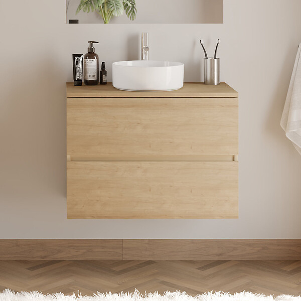 COSYNEO - Meuble de salle de bain 60cm avec plateau et vasque à poser ronde - 2 tiroirs - nebraska (chêne clair) - IDA - large