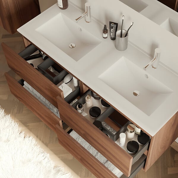 COSYNEO - Meuble de salle de bain 140cm double vasque - 4 tiroirs - noyer (bois foncé) - IDA - large