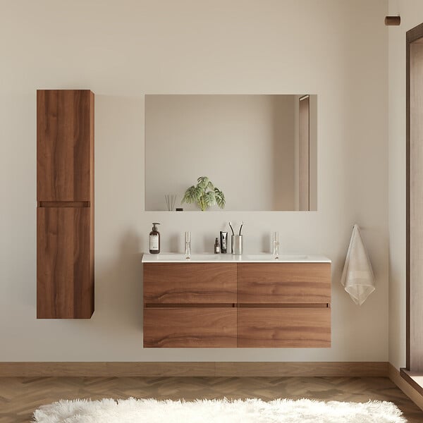 COSYNEO - Meuble de salle de bain 140cm double vasque - 4 tiroirs - noyer (bois foncé) - IDA - large