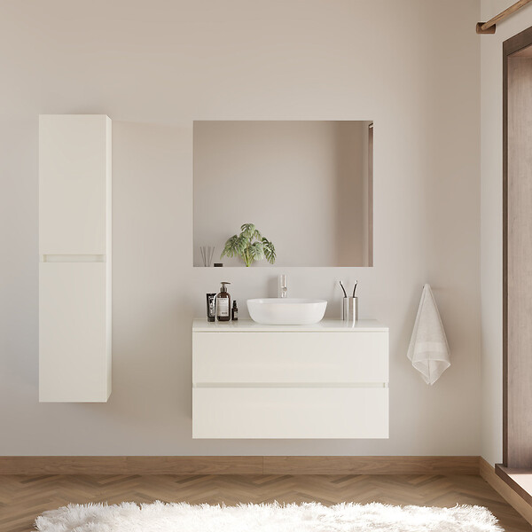 COSYNEO - Meuble de salle de bain 100cm avec plateau et vasque à poser arrondie - 2 tiroirs - blanc brillant - IDA - large