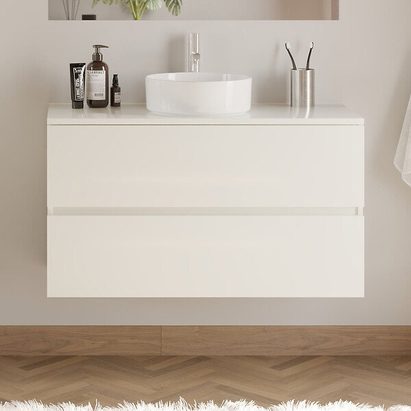 COSYNEO - Meuble de salle de bain 100cm avec plateau et vasque à poser ronde - 2 tiroirs - blanc brillant - IDA - large