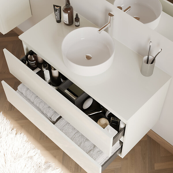 COSYNEO - Meuble de salle de bain 100cm avec plateau et vasque à poser ronde - 2 tiroirs - blanc brillant - IDA - large
