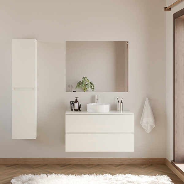 COSYNEO - Meuble de salle de bain 100cm avec plateau et vasque à poser ronde - 2 tiroirs - blanc brillant - IDA - large