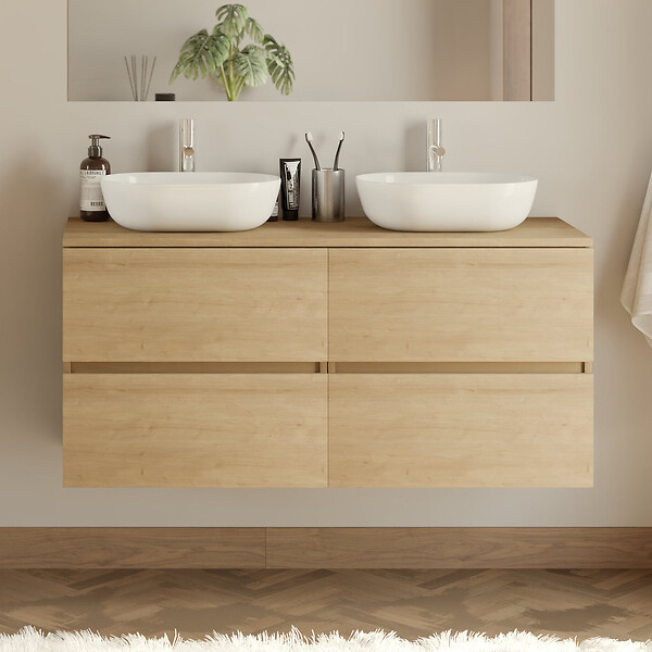 COSYNEO - Meuble de salle de bain 120cm avec plateau et 2 vasques à poser arrondies - 4 tiroirs - nebraska (chêne clair) - IDA - large