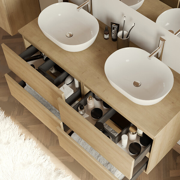 COSYNEO - Meuble de salle de bain 120cm avec plateau et 2 vasques à poser arrondies - 4 tiroirs - nebraska (chêne clair) - IDA - large