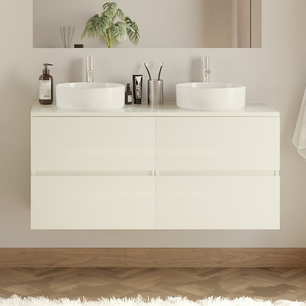 COSYNEO - Meuble de salle de bain 120cm avec plateau et 2 vasques à poser rondes - 4 tiroirs - blanc brillant - IDA - large