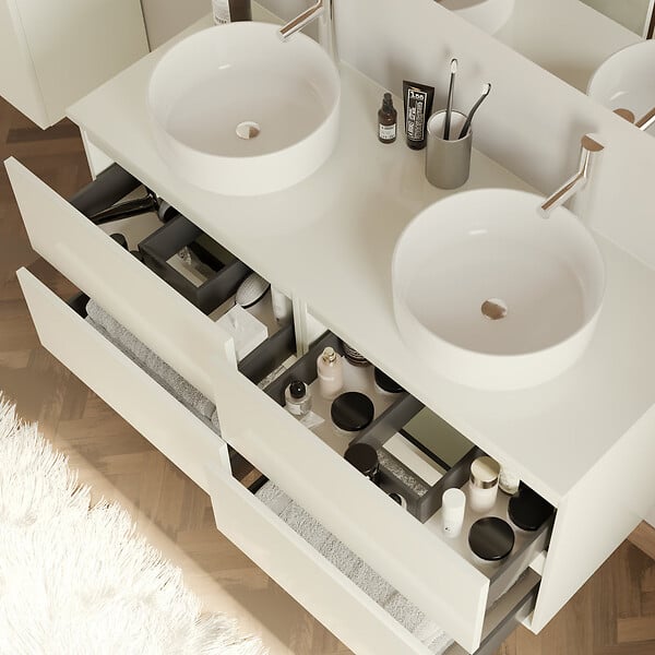 COSYNEO - Meuble de salle de bain 120cm avec plateau et 2 vasques à poser rondes - 4 tiroirs - blanc brillant - IDA - large