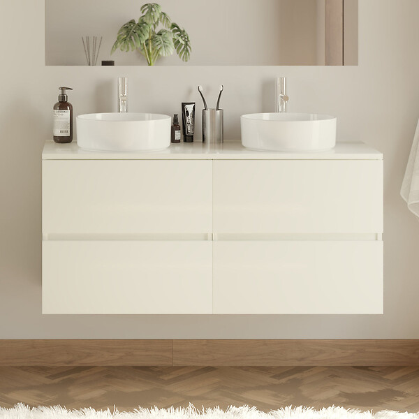 COSYNEO - Meuble de salle de bain 140cm avec plateau et 2 vasques à poser rondes - 4 tiroirs - blanc brillant - IDA - large