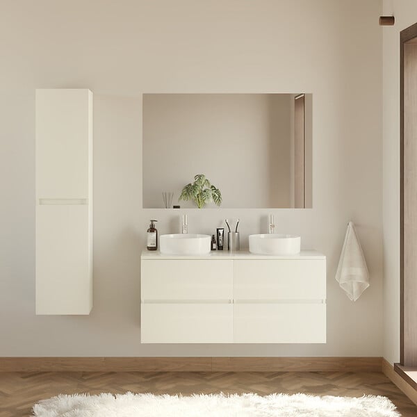 COSYNEO - Meuble de salle de bain 140cm avec plateau et 2 vasques à poser rondes - 4 tiroirs - blanc brillant - IDA - large