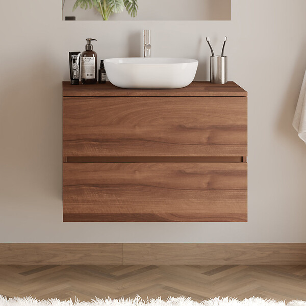 COSYNEO - Meuble de salle de bain 80cm avec plateau et vasque à poser arrondie - 2 tiroirs - noyer (bois foncé) - IDA - large