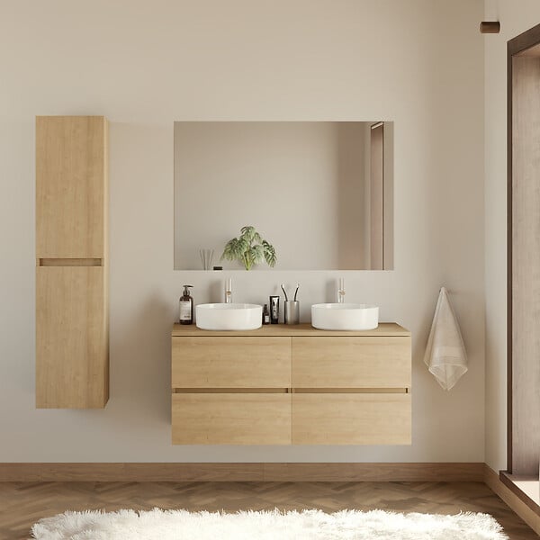 COSYNEO - Meuble de salle de bain 140cm avec plateau et 2 vasques à poser rondes - 4 tiroirs - sans miroir - nebraska (chêne clair) - IDA - large