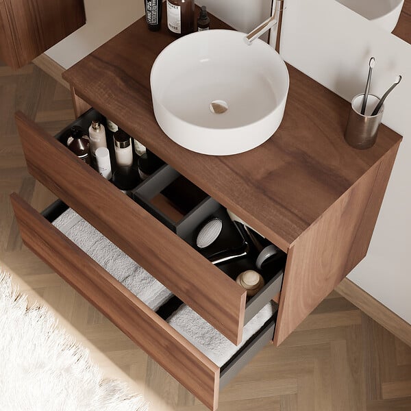 COSYNEO - Meuble de salle de bain 70cm avec plateau et vasque à poser ronde - 2 tiroirs - sans miroir - noyer (bois foncé) - IDA - large
