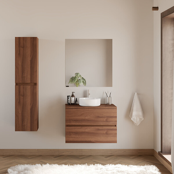 COSYNEO - Meuble de salle de bain 70cm avec plateau et vasque à poser ronde - 2 tiroirs - sans miroir - noyer (bois foncé) - IDA - large