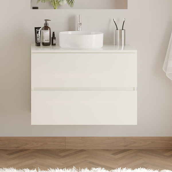 COSYNEO - Meuble de salle de bain 70cm avec plateau et vasque à poser ronde - 2 tiroirs - blanc brillant - IDA - large