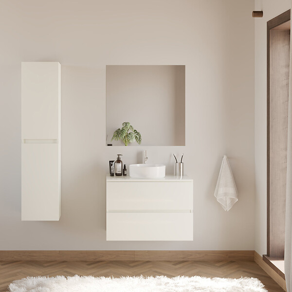 COSYNEO - Meuble de salle de bain 70cm avec plateau et vasque à poser ronde - 2 tiroirs - blanc brillant - IDA - large