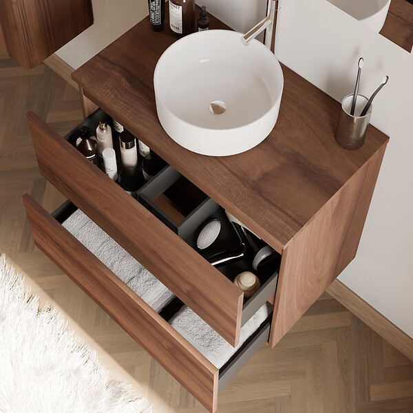 COSYNEO - Meuble de salle de bain 60cm avec plateau et vasque à poser ronde - 2 tiroirs - noyer (bois foncé) - IDA - large