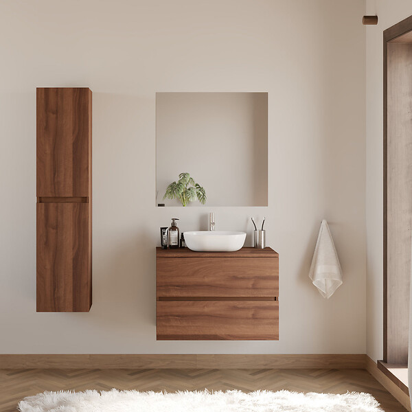 COSYNEO - Meuble de salle de bain 70cm avec plateau et vasque à poser arrondie - 2 tiroirs - sans miroir - noyer (bois foncé) - IDA - large