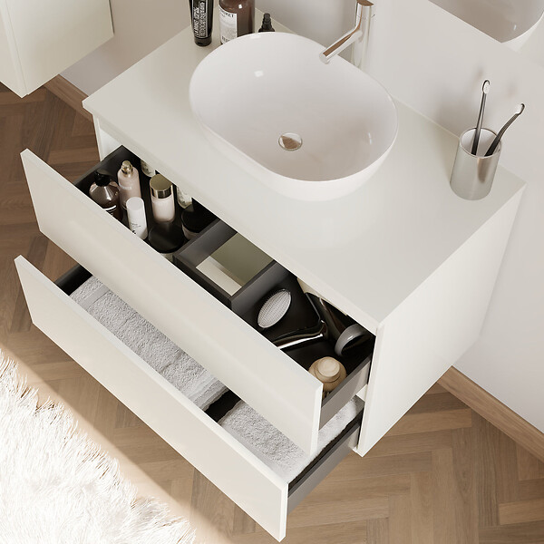 COSYNEO - Meuble de salle de bain 70cm avec plateau et vasque à poser arrondie - 2 tiroirs - sans miroir - blanc brillant - IDA - large