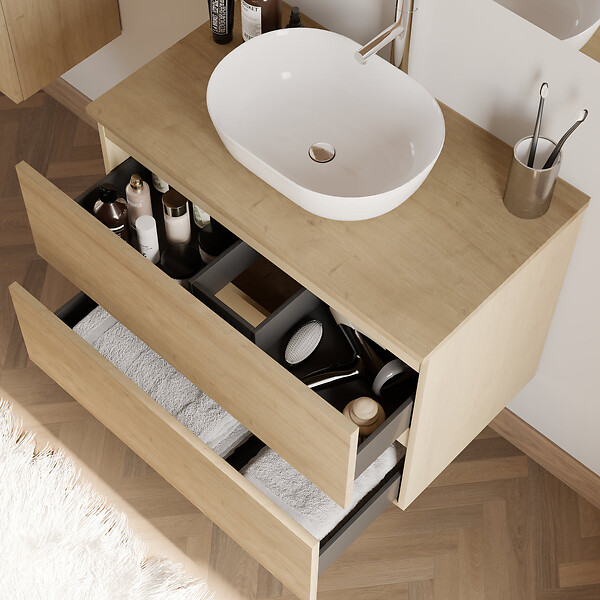 COSYNEO - Meuble de salle de bain 80cm avec plateau et vasque à poser arrondie - 2 tiroirs - sans miroir - nebraska (chêne clair) - IDA - large