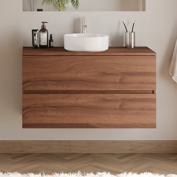 COSYNEO - Meuble de salle de bain 100cm avec plateau et vasque à poser ronde - 2 tiroirs - noyer (bois foncé) - IDA - large