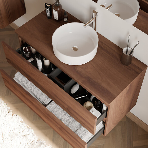 COSYNEO - Meuble de salle de bain 100cm avec plateau et vasque à poser ronde - 2 tiroirs - noyer (bois foncé) - IDA - large