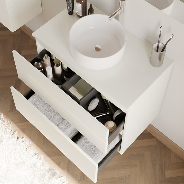 COSYNEO - Meuble de salle de bain 60cm avec plateau et vasque à poser ronde - 2 tiroirs - sans miroir - blanc brillant - IDA - large