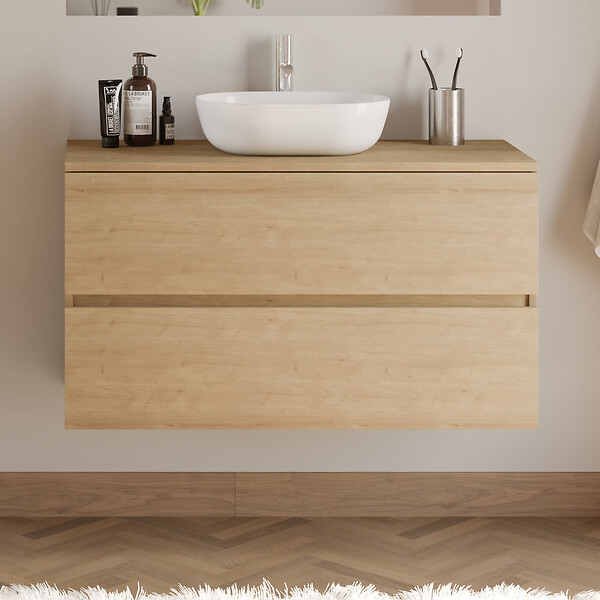 COSYNEO - Meuble de salle de bain 100cm avec plateau et vasque à poser arrondie - 2 tiroirs - nebraska (chêne clair) - IDA - large