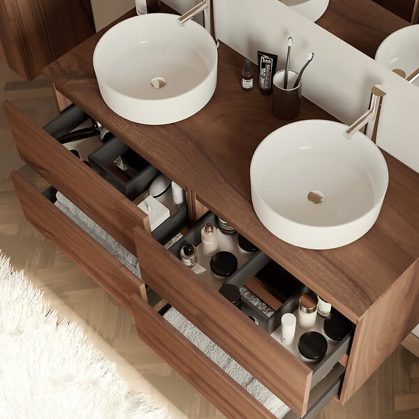 COSYNEO - Meuble de salle de bain 120cm avec plateau et 2 vasques à poser rondes - 4 tiroirs - noyer (bois foncé) - IDA - large