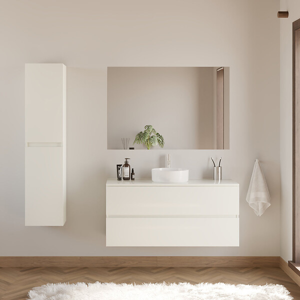COSYNEO - Meuble de salle de bain 120cm avec plateau et vasque à poser ronde - 2 tiroirs - blanc brillant - IDA - large