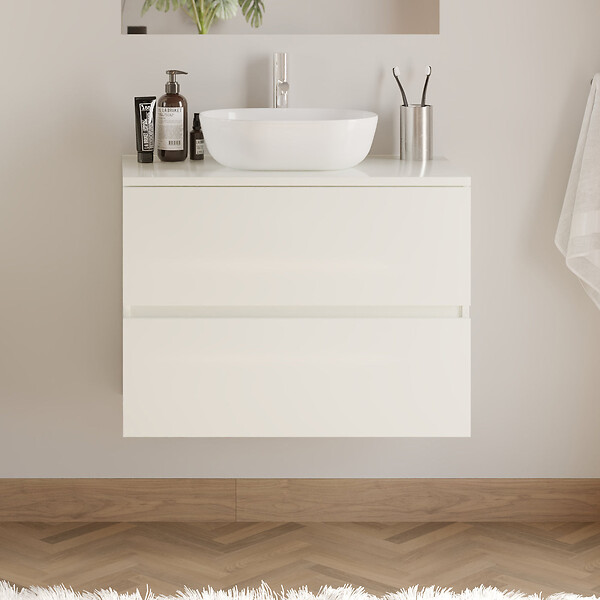 COSYNEO - Meuble de salle de bain 60cm avec plateau et vasque à poser arrondie - 2 tiroirs - blanc brillant - IDA - large