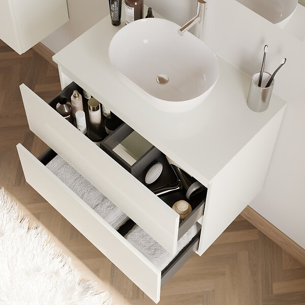 COSYNEO - Meuble de salle de bain 60cm avec plateau et vasque à poser arrondie - 2 tiroirs - blanc brillant - IDA - large