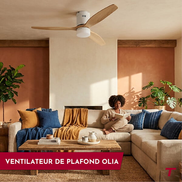 THOMSON - Ventilateur de plafond avec lumière THOMSON OLIA avec pales en bois certifié FSC, diamètre de 132 cm et télécommande incluse - large