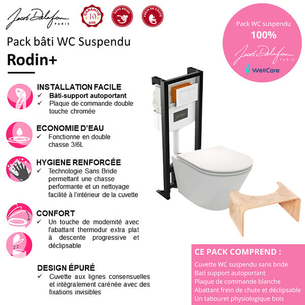 JACOB DELAFON - Pack WC suspendu sans bride Rodin+ avec abattant + bâti support + plaque blanche + tabouret bois - large