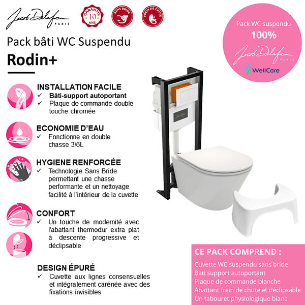 JACOB DELAFON - Pack WC suspendu sans bride Rodin+ avec abattant + bâti support + plaque blanche + tabouret blanc - large